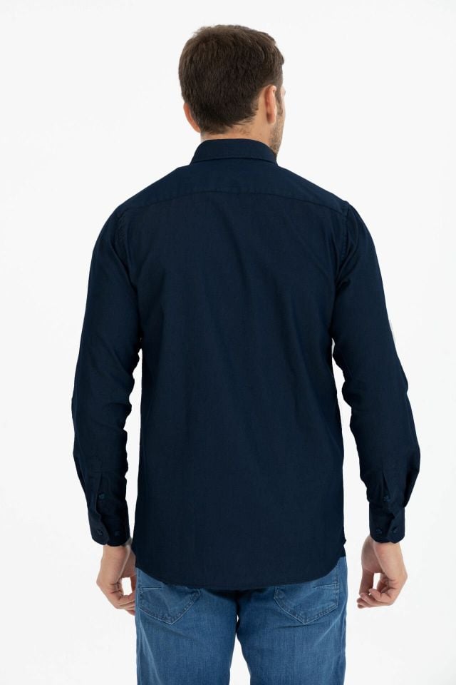 Varetta Erkek Lacivert Klasik Kesim Likralı Denim Gömlek – Çift Cepli Uzun Kollu Günlük Kot Gömlek