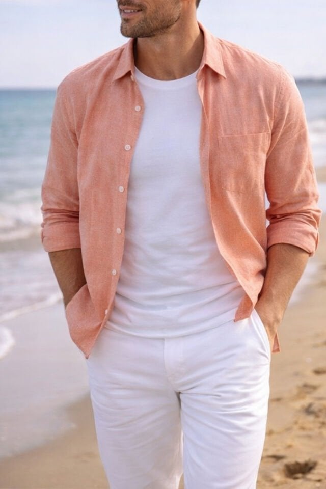 Varetta Erkek Somon Gömlek Uzun Kollu Keten Efektli Cepli Pamuklu