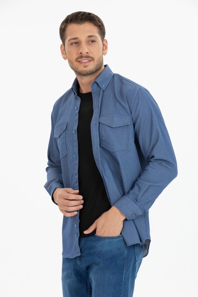 Varetta Erkek Mavi Klasik Kesim Likralı Denim Gömlek – Çift Cepli Uzun Kollu Günlük Kot Gömlek