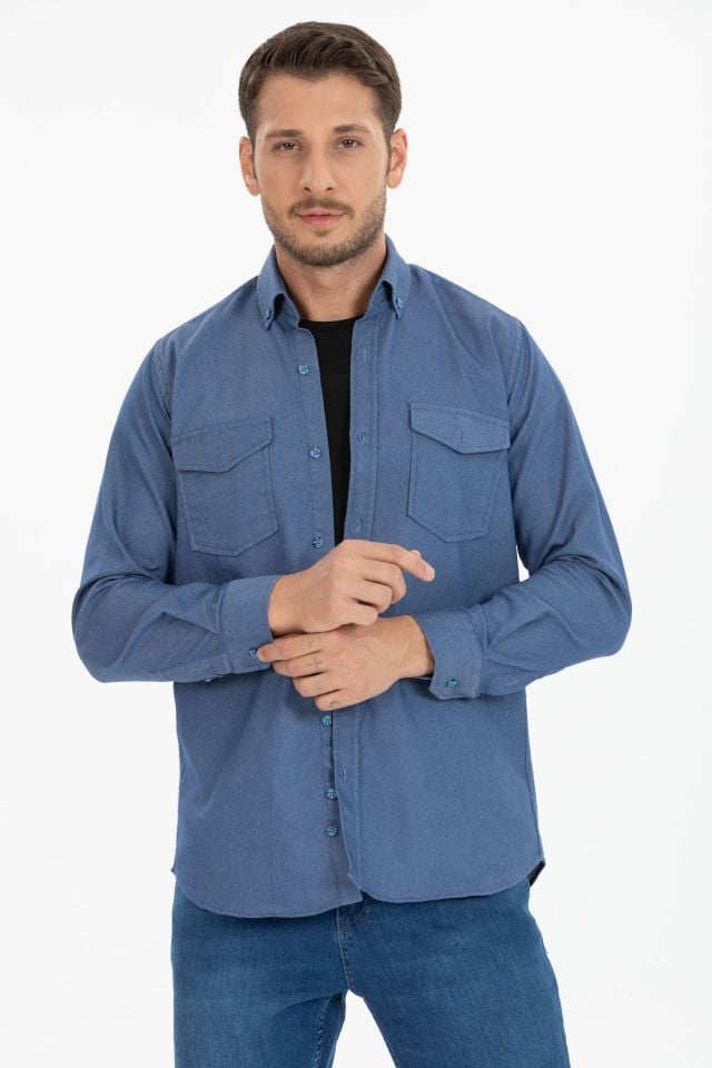 Varetta Erkek Mavi Klasik Kesim Likralı Denim Gömlek – Çift Cepli Uzun Kollu Günlük Kot Gömlek