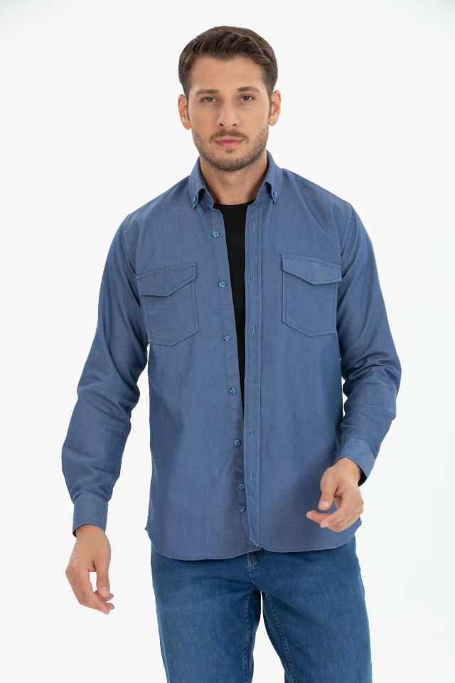 Varetta Erkek Mavi Klasik Kesim Likralı Denim Gömlek – Çift Cepli Uzun Kollu Günlük Kot Gömlek