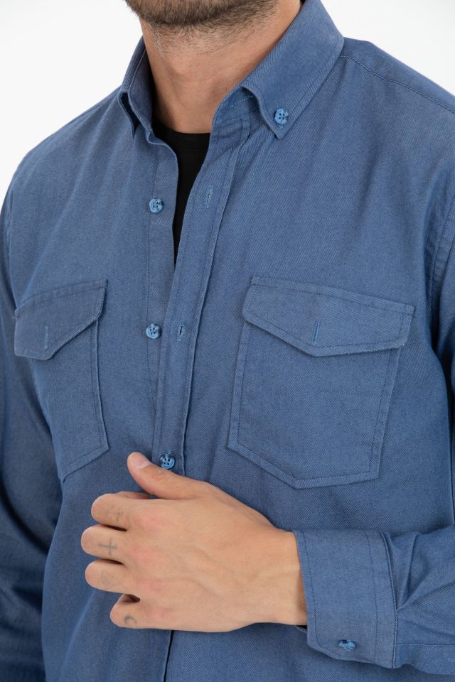 Varetta Erkek Mavi Klasik Kesim Likralı Denim Gömlek – Çift Cepli Uzun Kollu Günlük Kot Gömlek
