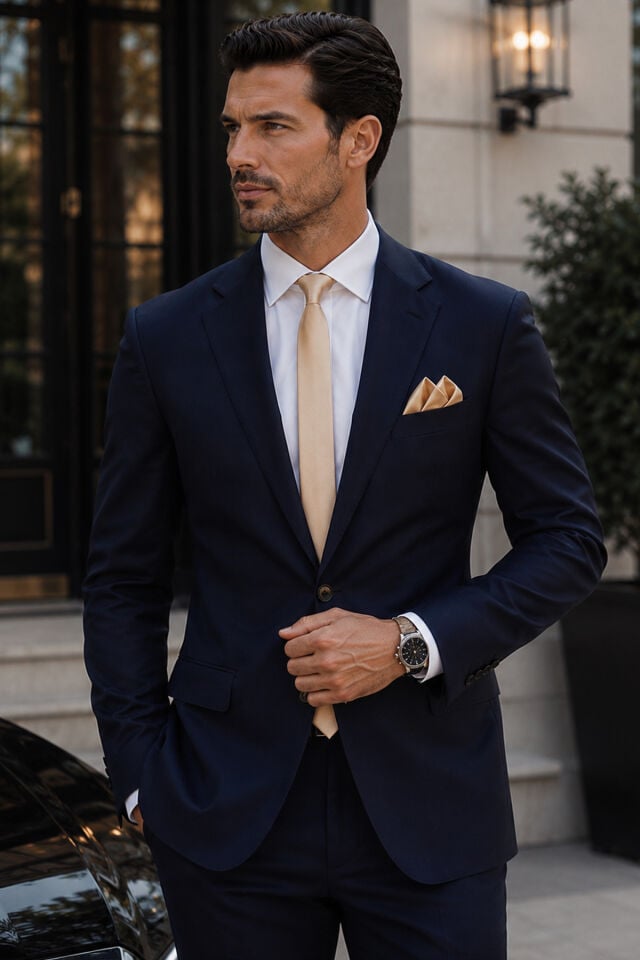 Varetta Erkek Kehribar Altın Renk Kravat Mendilli Düz Slim Fit Dar Kesim Trend Söz Nişan Davet Toplantı