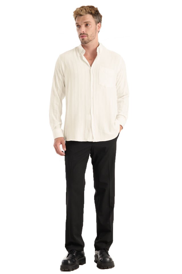 Varetta Erkek Bej Gömlek Likralı Uzun Kollu Cepli Rahat Kalıp Salaş Dökümlü Pamuklu Günlük Şık Model