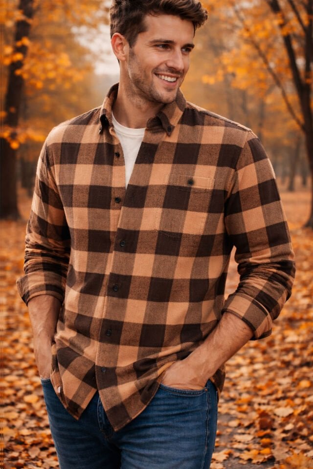 Varetta Erkek Kahverengi Ekose  Kışlık Gömlek Klasik Kesim Yaka Düğmeli