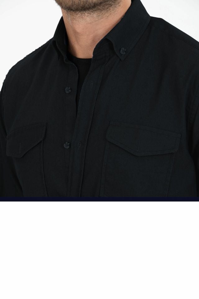 Varetta Erkek Siyah Klasik Kesim Likralı Denim Gömlek – Çift Cepli Uzun Kollu Günlük Kot Gömlek