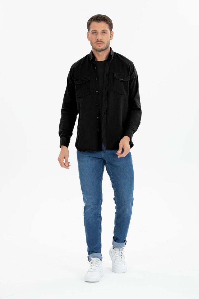 Varetta Erkek Siyah Klasik Kesim Likralı Denim Gömlek – Çift Cepli Uzun Kollu Günlük Kot Gömlek