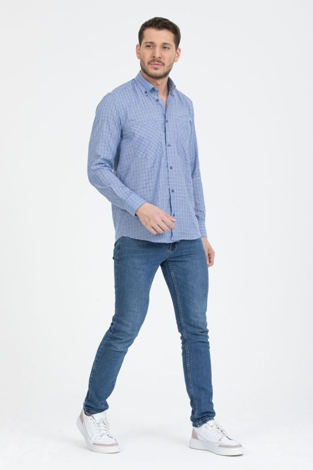 Varetta Erkek Koyu Mavi Yaka Düğmeli Çift Cepli Kareli Gömlek