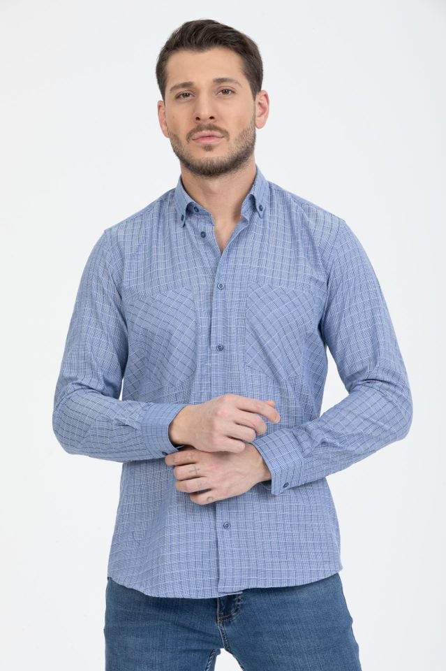 Varetta Erkek Koyu Mavi Yaka Düğmeli Çift Cepli Kareli Gömlek
