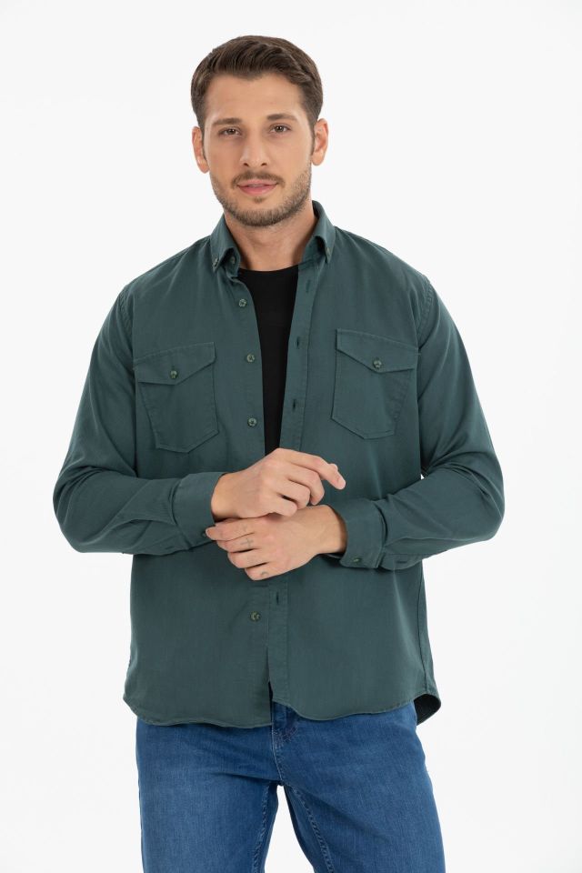 Varetta Erkek Yeşil Likralı Çift Cepli Klasik Kesim Düz Uzun Kollu Kot Gömlek