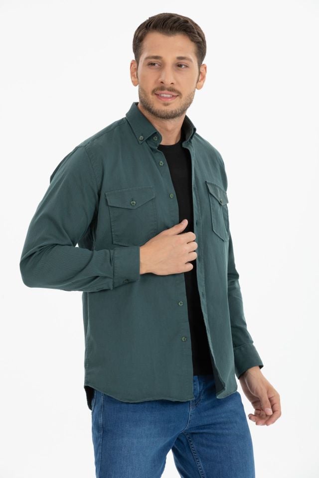 Varetta Erkek Yeşil Likralı Çift Cepli Klasik Kesim Düz Uzun Kollu Kot Gömlek