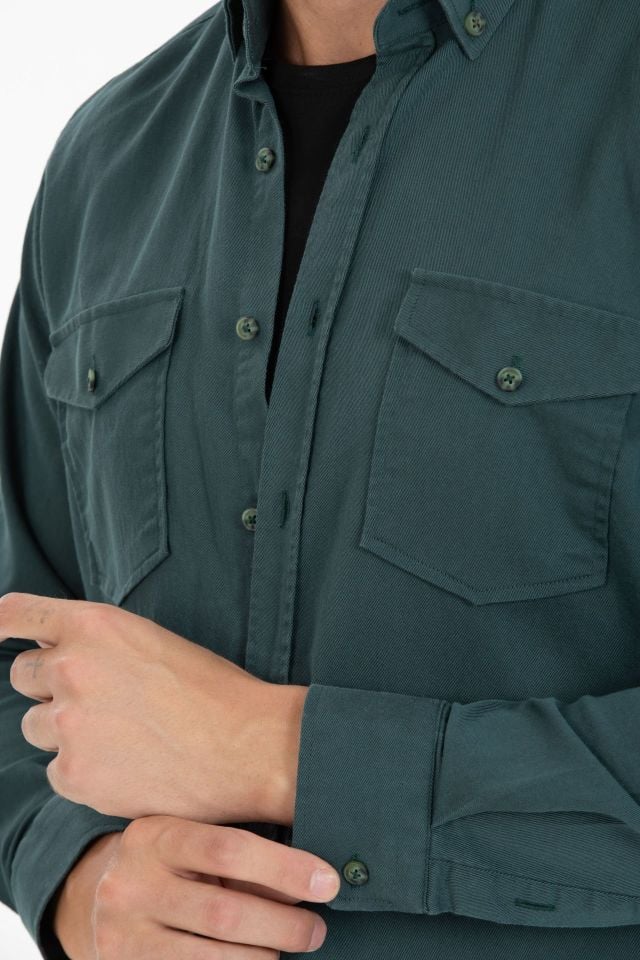 Varetta Erkek Yeşil Likralı Çift Cepli Klasik Kesim Düz Uzun Kollu Kot Gömlek