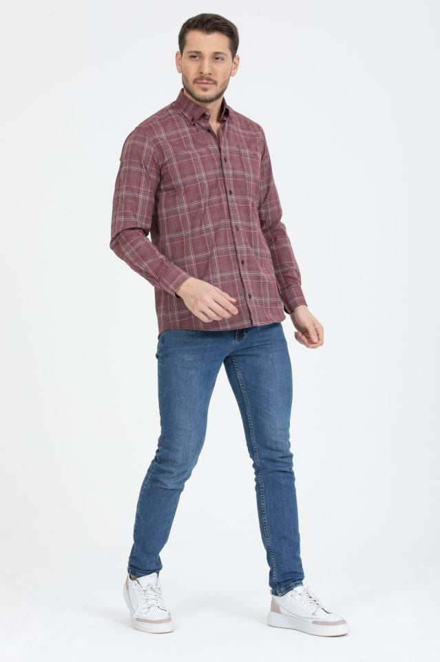 Varetta Erkek Bordo Yaka Düğmeli  Kareli Gömlek