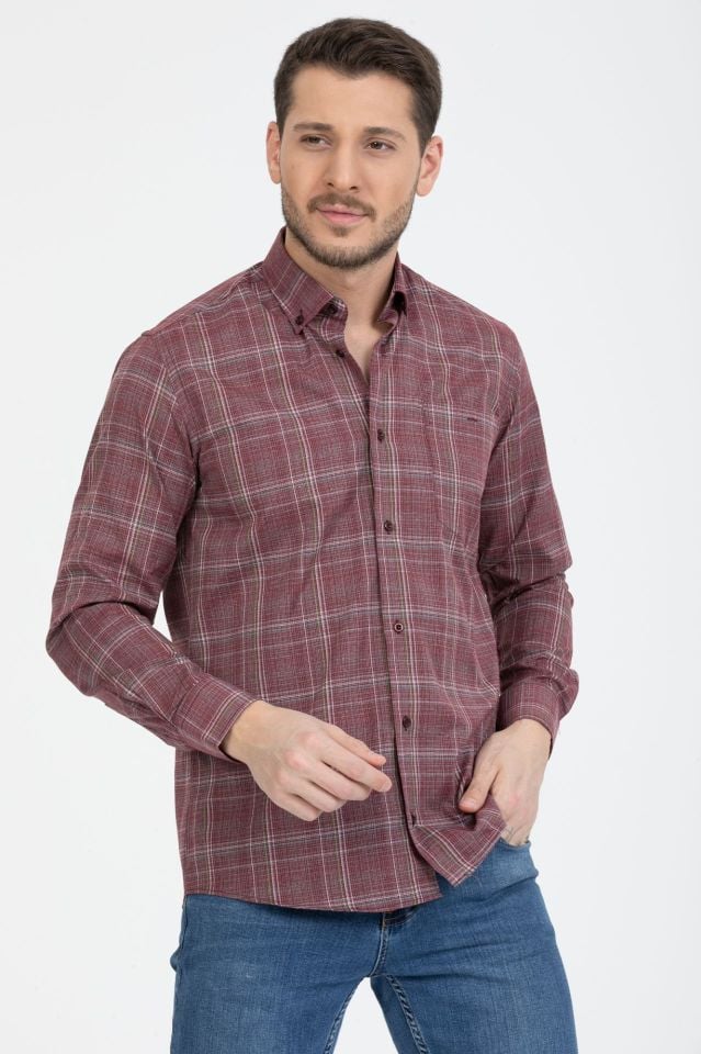 Varetta Erkek Bordo Yaka Düğmeli  Kareli Gömlek