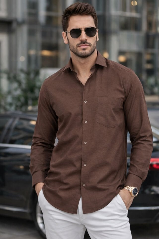 Varetta Erkek Kahverengi Gömlek Düz Uzun Kollu