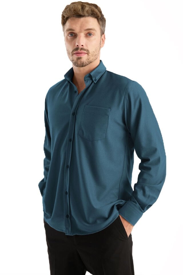 Varetta Erkek Gömlek Likralı Uzun Kollu Cepli Rahat Kalıp Salaş Dökümlü Pamuklu Günlük Şık Model