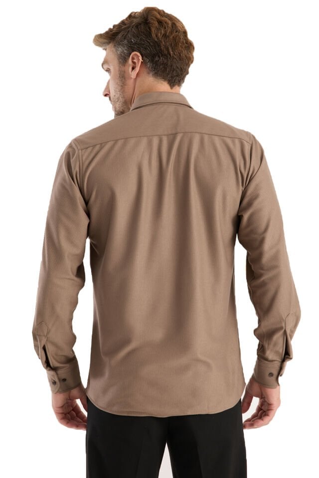 Varetta Erkek Kahverengi Gömlek Likralı Uzun Kollu Cepli Rahat Kalıp Salaş Dökümlü Pamuklu Günlük Şık Model