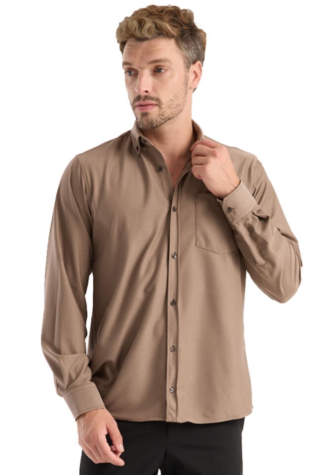 Varetta Erkek Kahverengi Gömlek Likralı Uzun Kollu Cepli Rahat Kalıp Salaş Dökümlü Pamuklu Günlük Şık Model