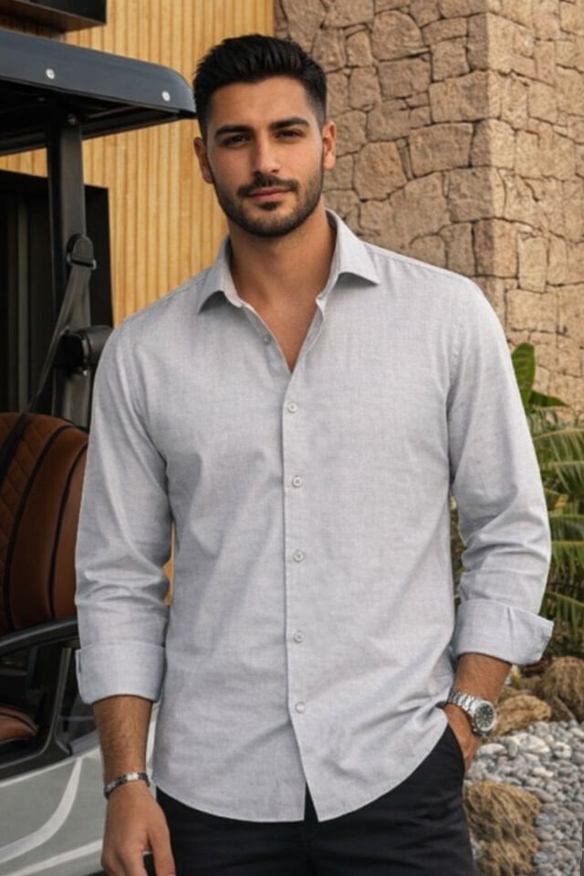 Varetta Erkek Gri Düz Cepsiz Geniş Kesim Uzun Kollu Gömlek