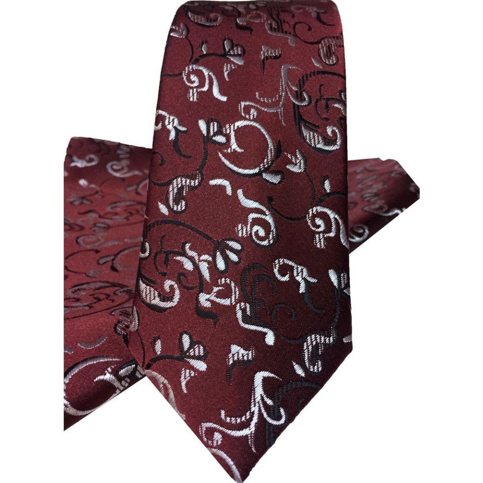 Erkek Bordo Desenli Mendilli Kravat