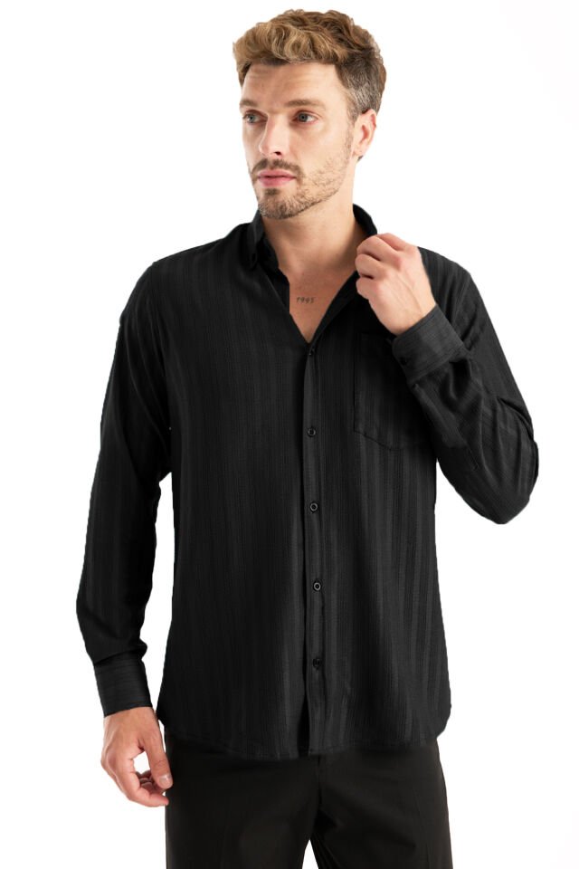 Varetta Erkek Siyah Gömlek Likralı Uzun Kollu Cepli Rahat Kalıp Salaş Dökümlü Pamuklu Günlük Şık Model
