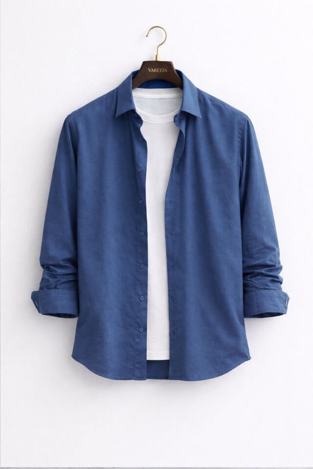 Varetta Erkek İndigo Mavi Düz Cepsiz Geniş Kesim Uzun Kollu Gömlek