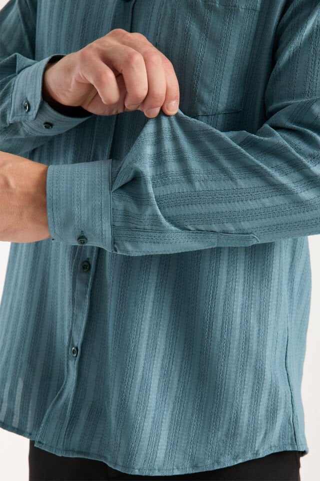 Varetta Erkek Yeşil Gömlek Likralı Uzun Kollu Cepli Rahat Kalıp Salaş Dökümlü Pamuklu Günlük Şık Model