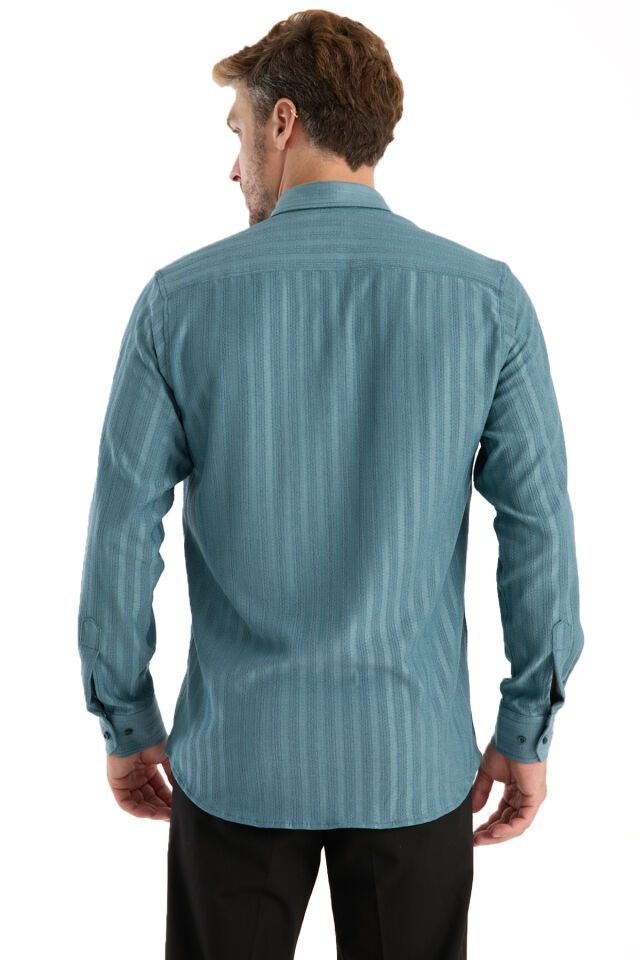 Varetta Erkek Yeşil Gömlek Likralı Uzun Kollu Cepli Rahat Kalıp Salaş Dökümlü Pamuklu Günlük Şık Model