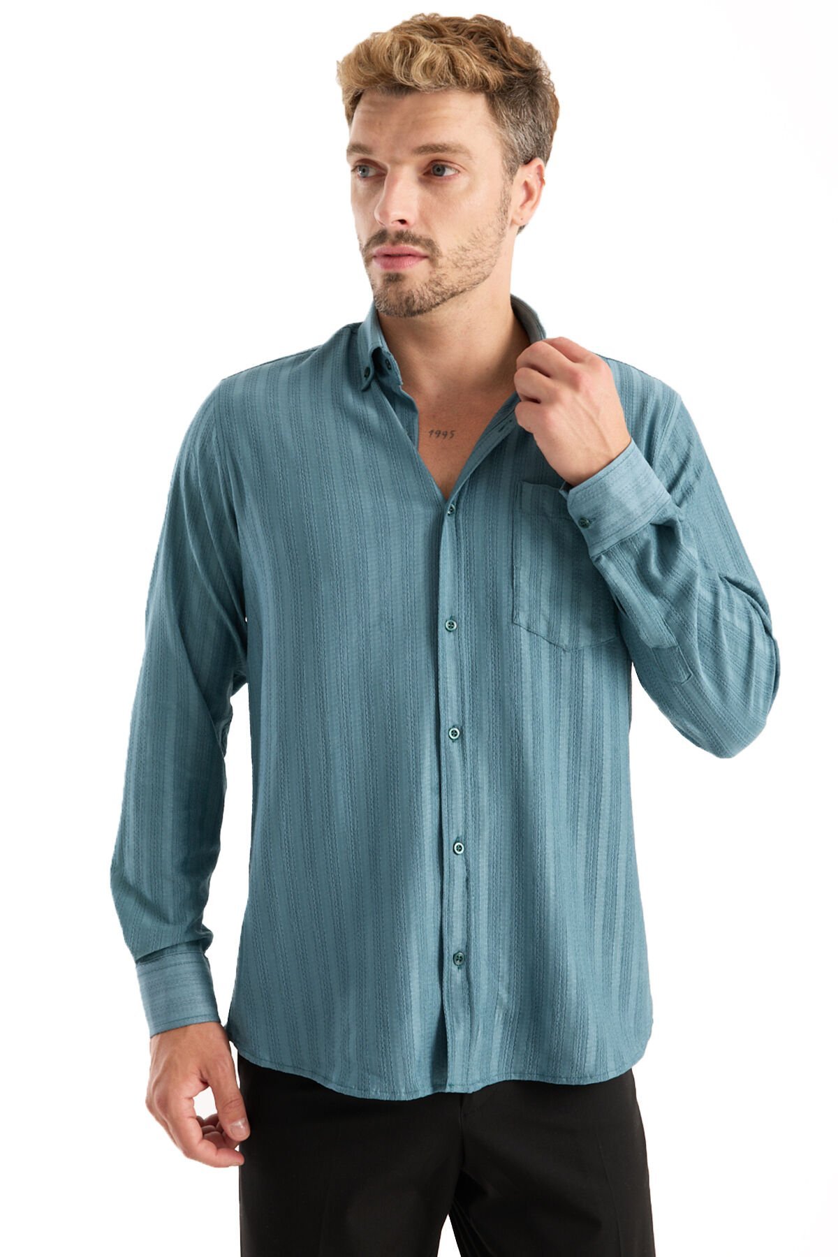 Varetta Erkek Yeşil Gömlek Likralı Uzun Kollu Cepli Rahat Kalıp Salaş Dökümlü Pamuklu Günlük Şık Model