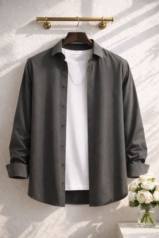Varetta Erkek Füme Düz Cepsiz Geniş Kesim Uzun Kollu Gömlek