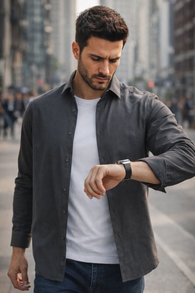 Varetta Erkek Füme Düz Cepsiz Geniş Kesim Uzun Kollu Gömlek