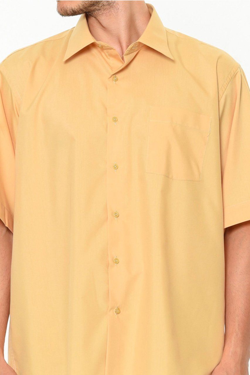 Erkek Hardal Rengi Kısa Kollu Büyük Beden Pamuk Saten Gömlek
