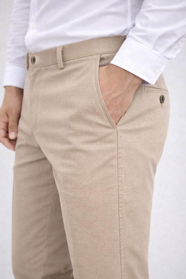 Varetta Erkek Bej Keten Pantolon Armürlü Klasik Kesim Cepli