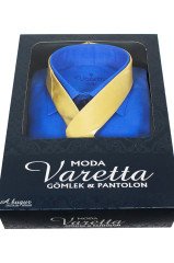 Erkek Mavi Klasik Kesim Uzun Kollu Tek Cepli Gömlek Gold Kravat Kombin Set