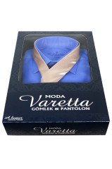 Erkek Mavi Klasik Kesim Uzun Kollu Tek Cepli Gömlek Kremrengi Kravat Kombin Set