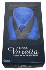 Erkek Mavi Klasik Kesim Uzun Kollu Tek Cepli Gömlek Koyu Gri Kravat Kombin Set