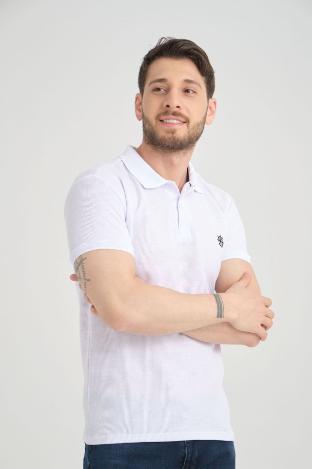 Varetta Erkek Beyaz Polo Yaka Pamuklu Waffle T-shirt