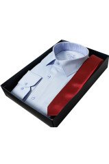 Erkek Mavi Klasik Kesim Uzun Kollu Tek Cepli Gömlek Bordo Kravat Kombin Set