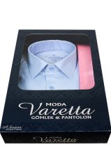 Erkek Mavi Klasik Kesim Uzun Kollu Tek Cepli Gömlek Pembe Kravat Kombin Set
