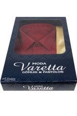 Erkek Bordo Klasik Kesim Uzun Kollu Tek Cepli Gömlek Gold Kravat Kombin Set