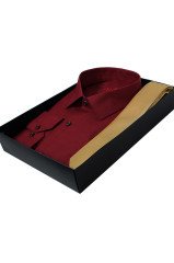 Erkek Bordo Klasik Kesim Uzun Kollu Tek Cepli Gömlek Gold Kravat Kombin Set