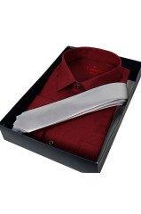 Erkek Bordo Klasik Kesim Uzun Kollu Tek Cepli Gömlek Beyaz Kravat Kombin Set