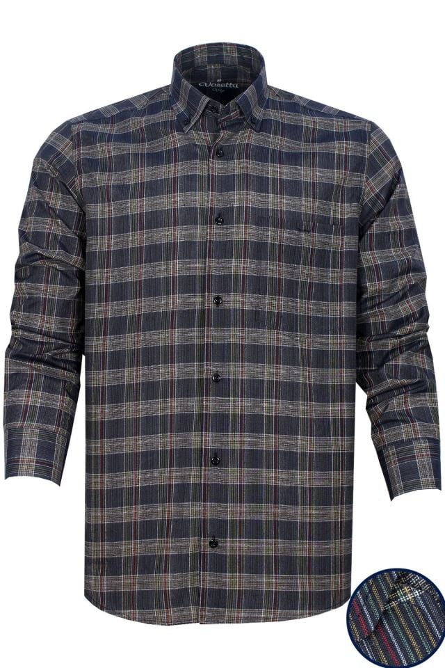 Varetta Erkek Lacivert Kareli Uzun Kol Klasik Kesim Yaka Düğmeli Gömlek