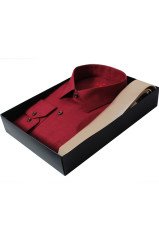Erkek Bordo Klasik Kesim Uzun Kollu Tek Cepli Gömlek Pudra Rengi Kravat Kombin Set