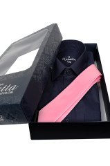 Erkek Lacivert Klasik Kesim Uzun Kollu Tek Cepli Gömlek Pembe Kravat Kombin Set
