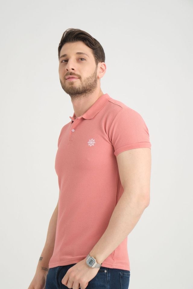 Varetta Erkek Yavruağzı Rengi  Polo Yaka Pamuklu Waffle T-shirt