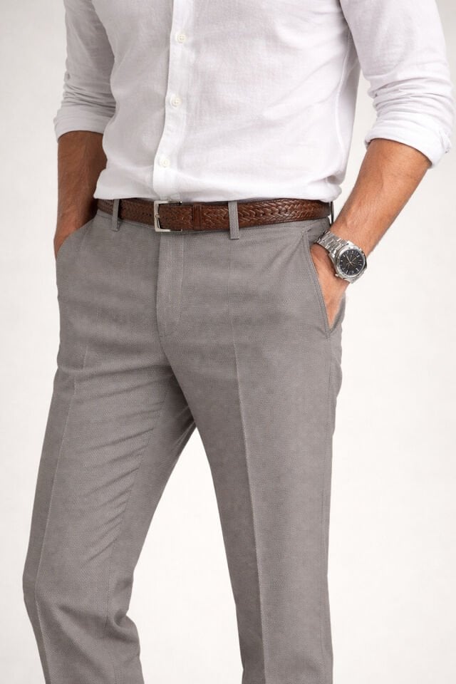 Varetta Erkek Taş Kahverengi Keten Pantolon Klasik Kesim Cepli Armürlü