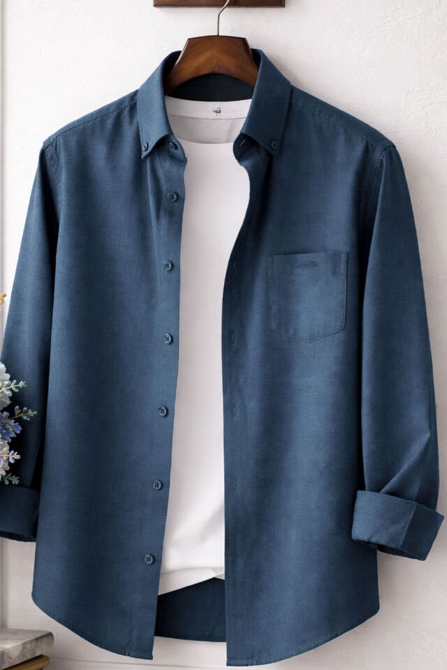 Varetta Erkek Slate Mavi Büyük Beden Yaka Düğmeli Uzun Kollu Düz Gömlek