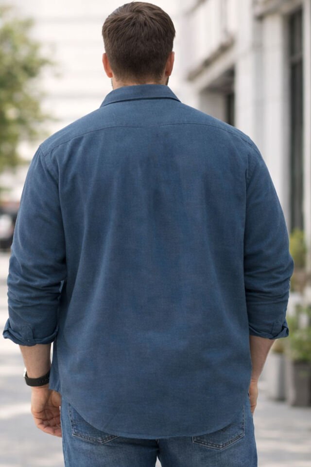 Varetta Erkek Slate Mavi Büyük Beden Yaka Düğmeli Uzun Kollu Düz Gömlek