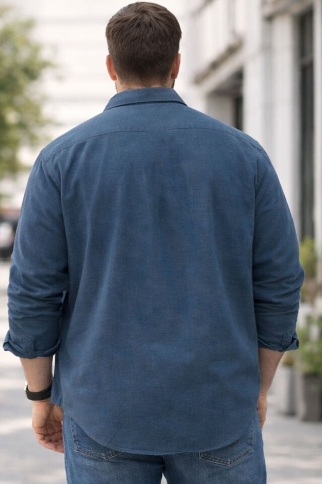 Varetta Erkek Slate Mavi Büyük Beden Yaka Düğmeli Uzun Kollu Düz Gömlek